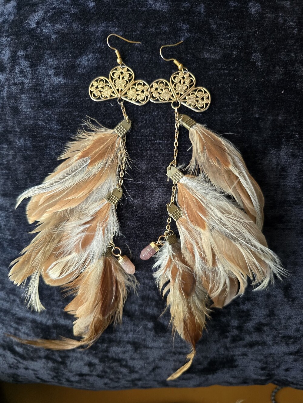 NEW Gold Tone Feather Drop Chain Earrings crystal charm Handcrafted Boho Western